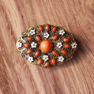 Vintage 1950s Filigree Coral Glass & Enamel Daisy Brooch - Made in Austria